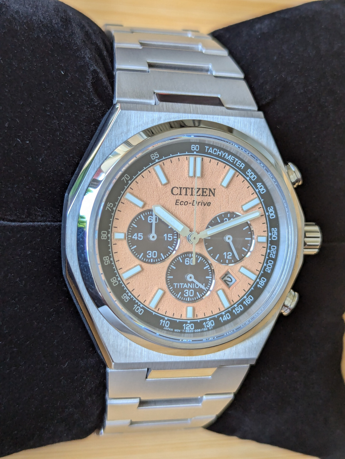 Citizen Zenshin Super Titanium Sapphire Chronograph Salmon Dial Watch CA4610-85Z