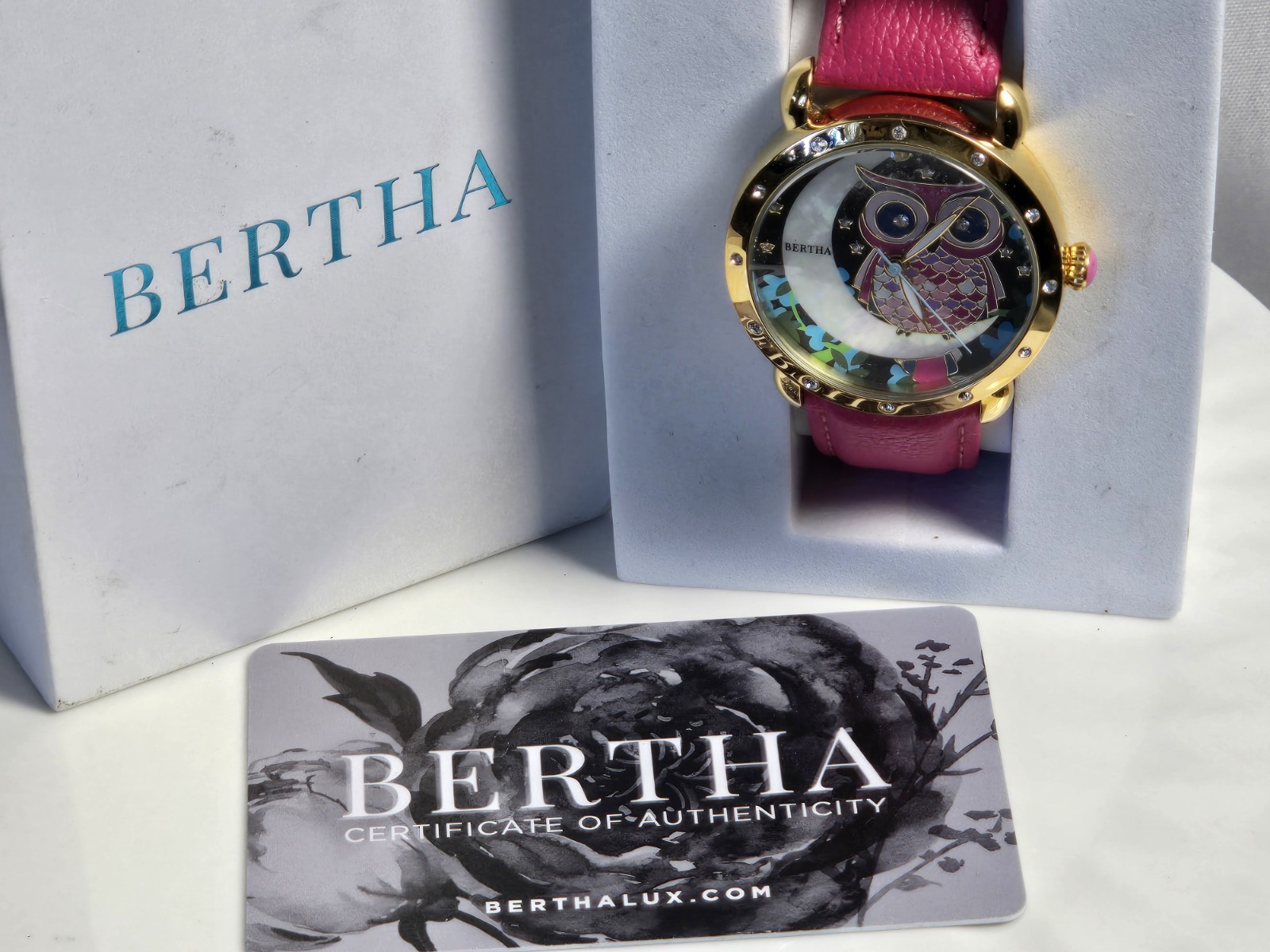 Bertha Women’s Owl Dial Quartz Watch 38mm Gold Steel Pink Leather 30m Box