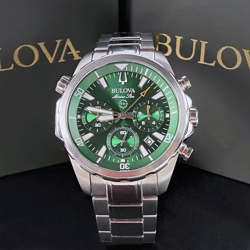 Bulova Men’s Marine Star 96B396 Green Dial Quartz Chronograph Watch 43MM