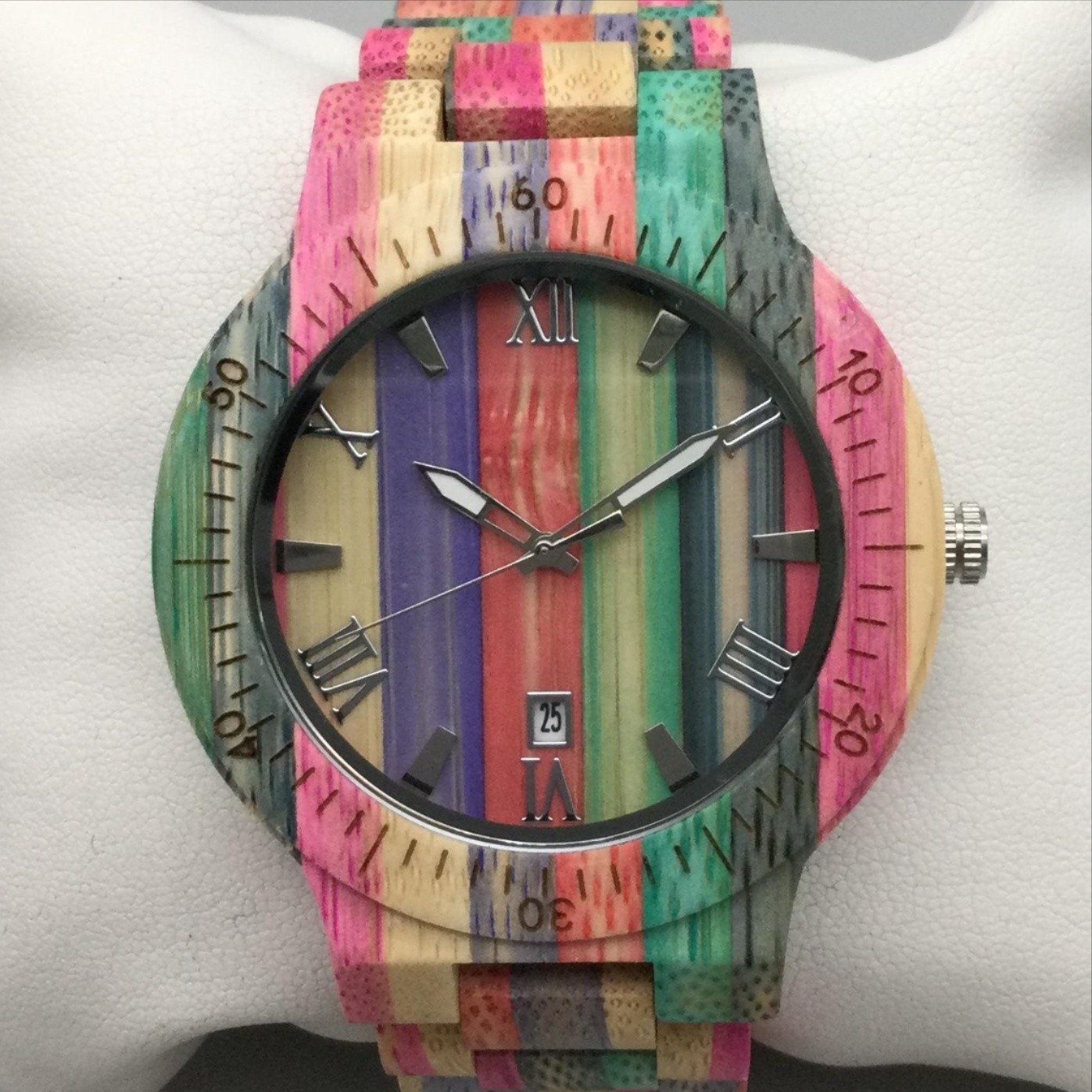 Mens Watch 47mm Multicolor Wood Case Bracelet Date Analog Wooden Dial 7.75″