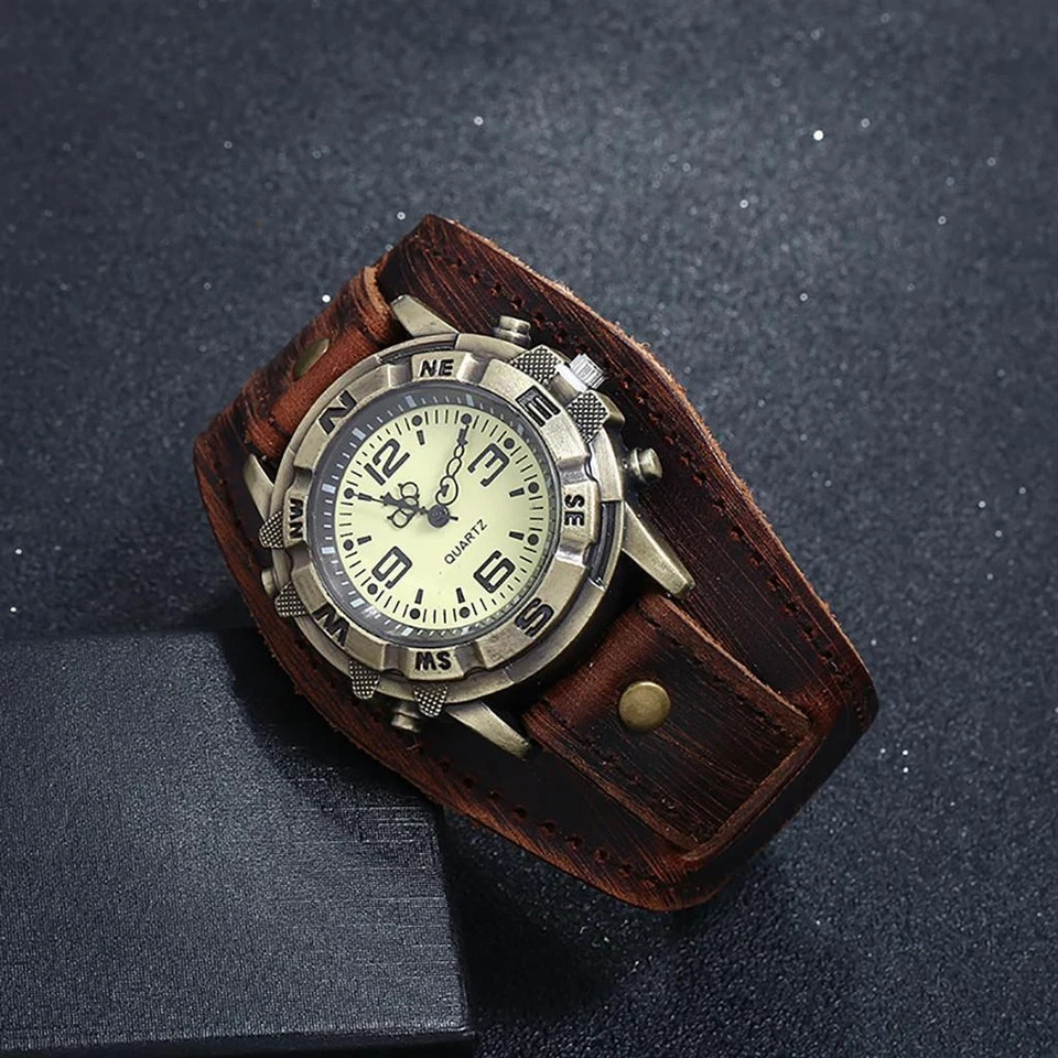 Vintage Retro Leather Cuff Bracelet Wide Band Steampunk Mens Quartz Wrist Watch⌚