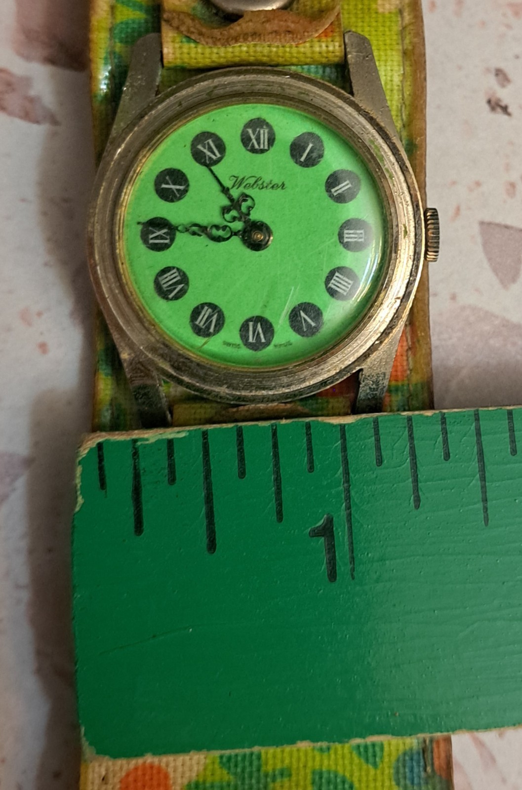 Vtg 60s Webster Watch Swiss Made Lime Green Mod Floral Diamond Tooled PARTS ONLY
