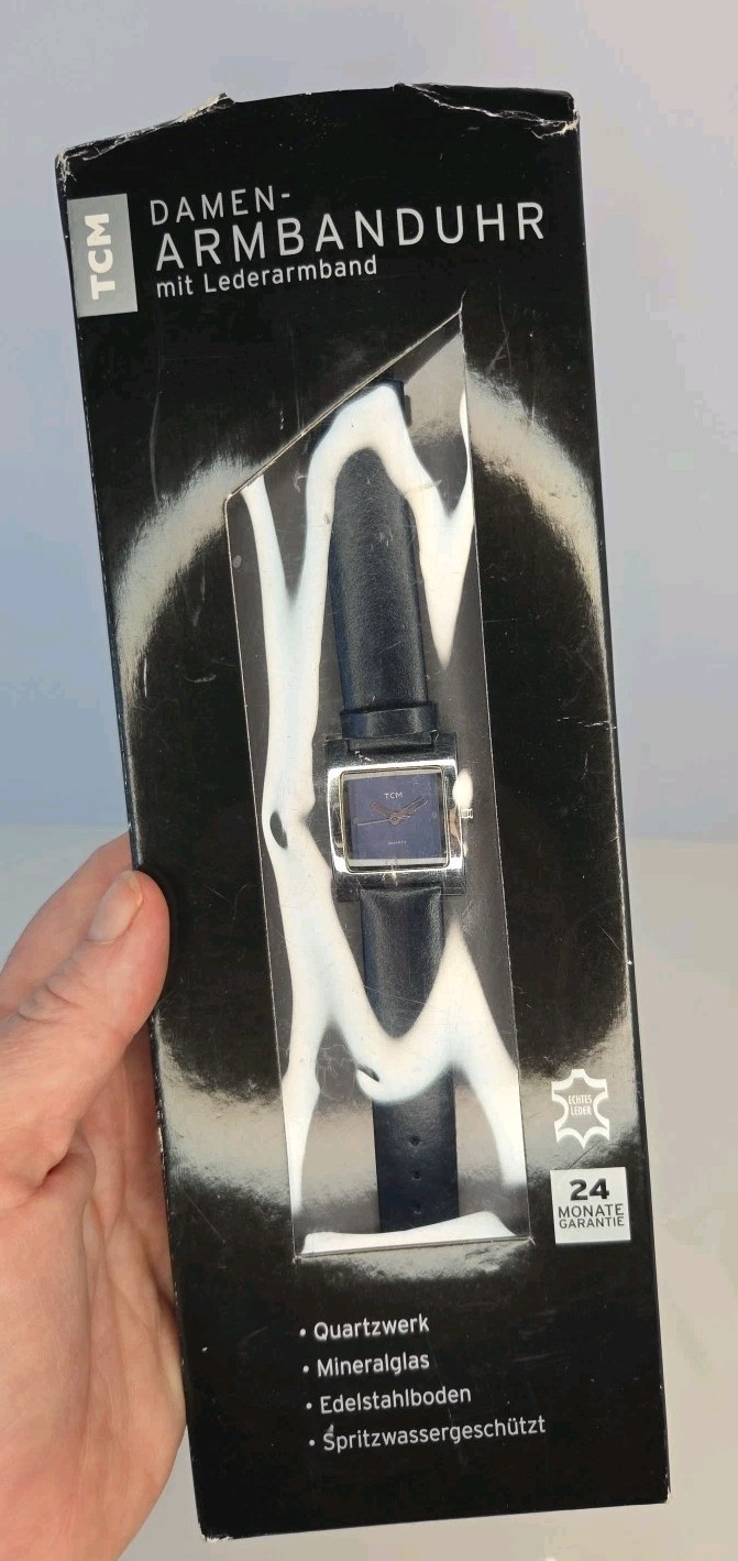 Damen Armbanduhr TCM German 8″ watch Genuine Navy leather quartz Mvmt Silvertone