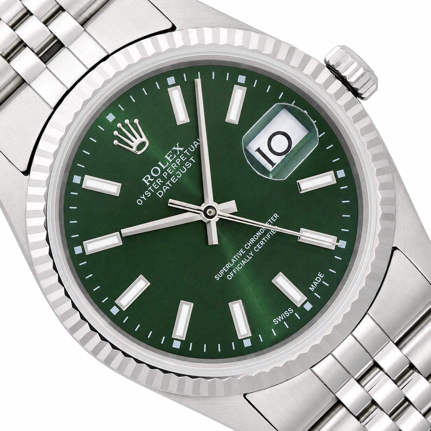 Rolex Datejust 16013 36mm 18K White Gold Fluted Bezel Green Dial Jubilee Watch