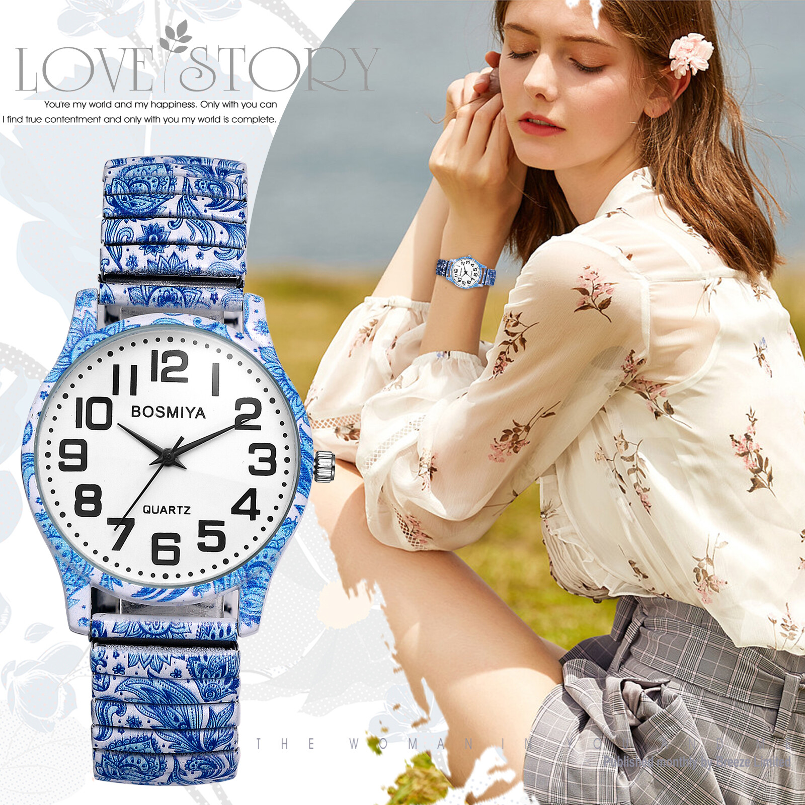 Womens Girls Boho Printed Elastic Band Big Numbers Round Dial Analog Wrist Watch