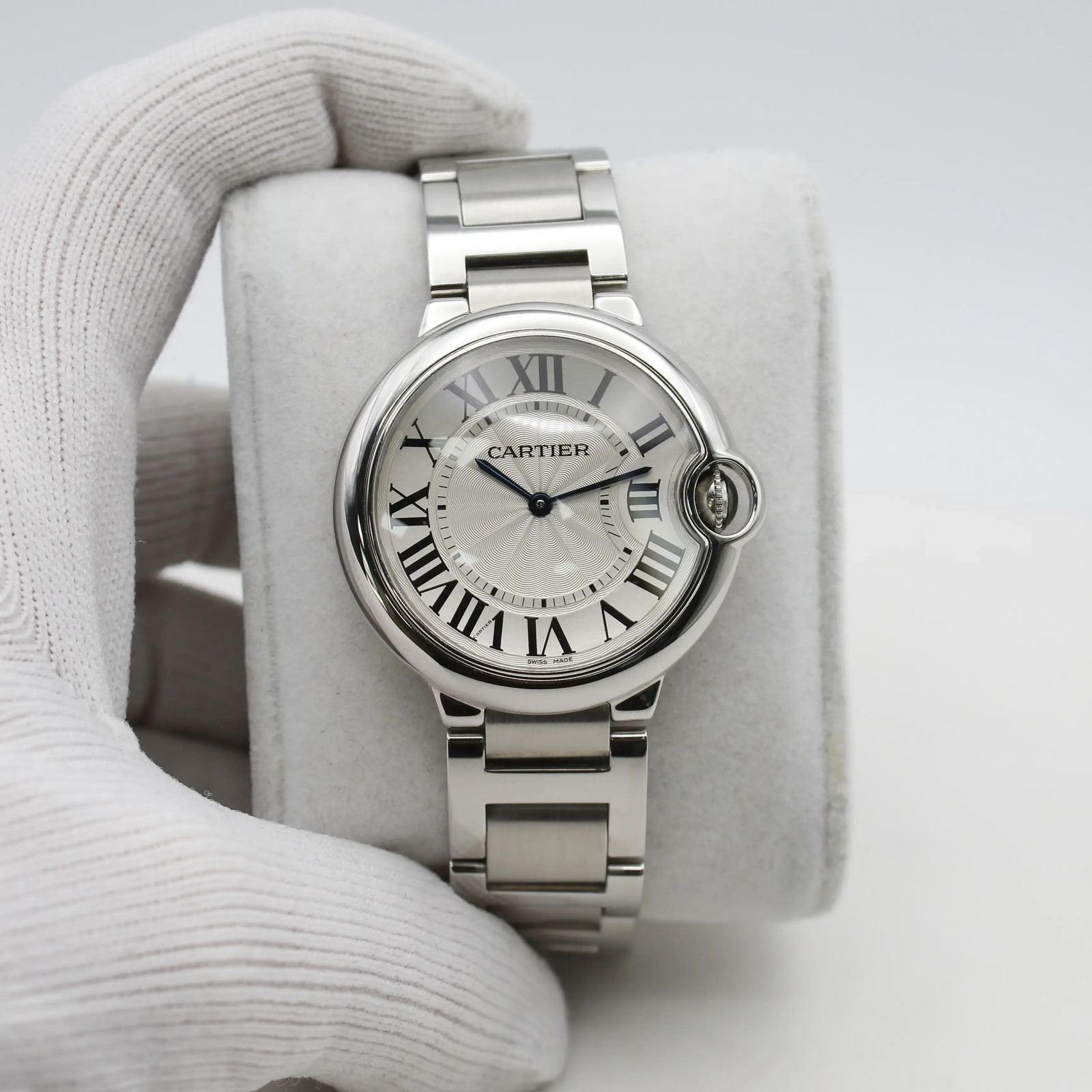 Cartier Ballon Bleu 36 Silver Guilloche Roman Dial Quartz Unisex Watch W69011Z4