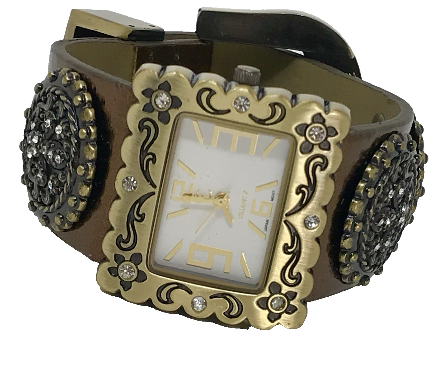 Western Faux Leather Cuff Watch Crystal Bling Fleur de Lis Buckle New Battery