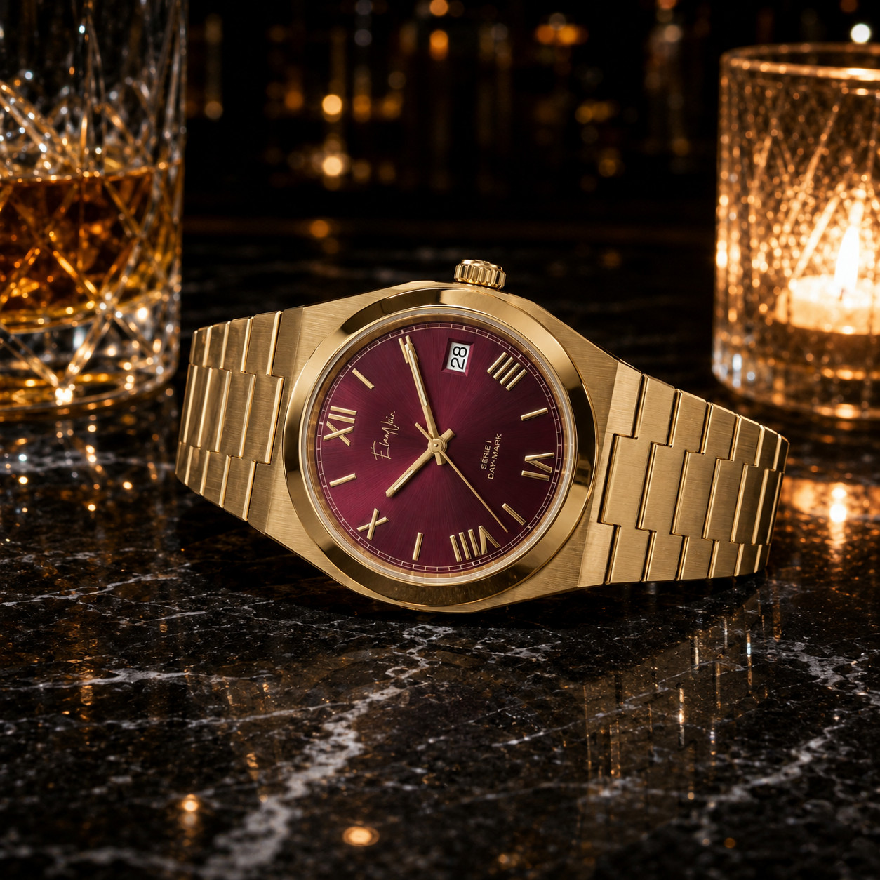 Custom Élan Noir Série I Gold/Maroon 36mm Auto NH35 Sapphire Steel Watch