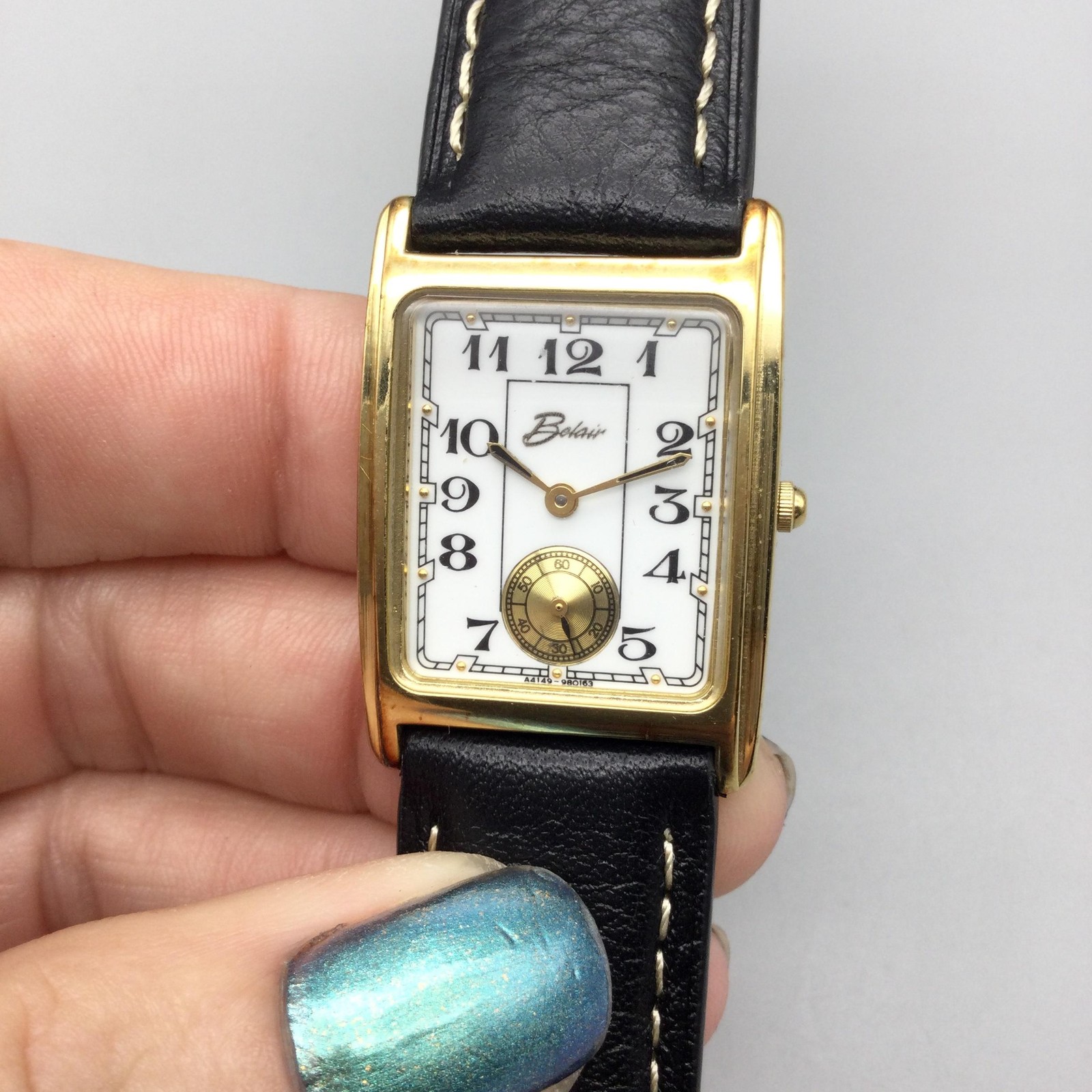 Belair Mens Watch 25mm Tank Gold Tone Black Leather 980.163 New Battery