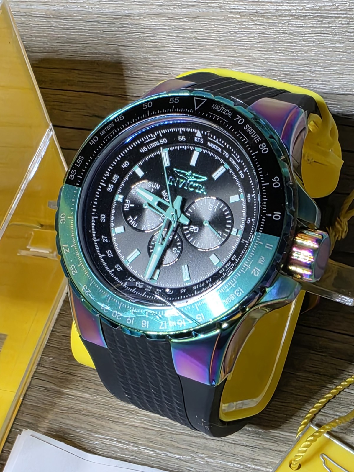 Invicta Mens Aviator Skyshock Iridescent Multi Color Black Dial Strap Watch NWT