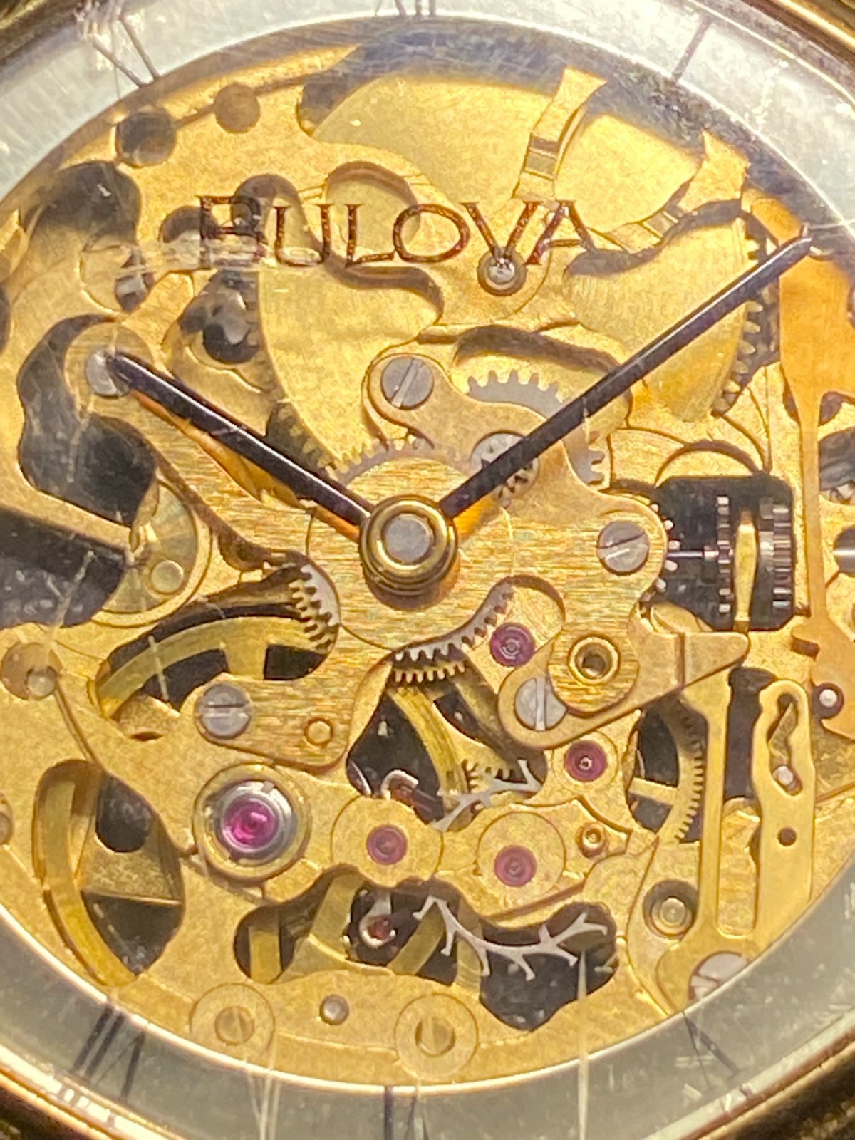 BULOVA GOLD SKELETON Unisex Leather 32mm Watch Onyx Screw