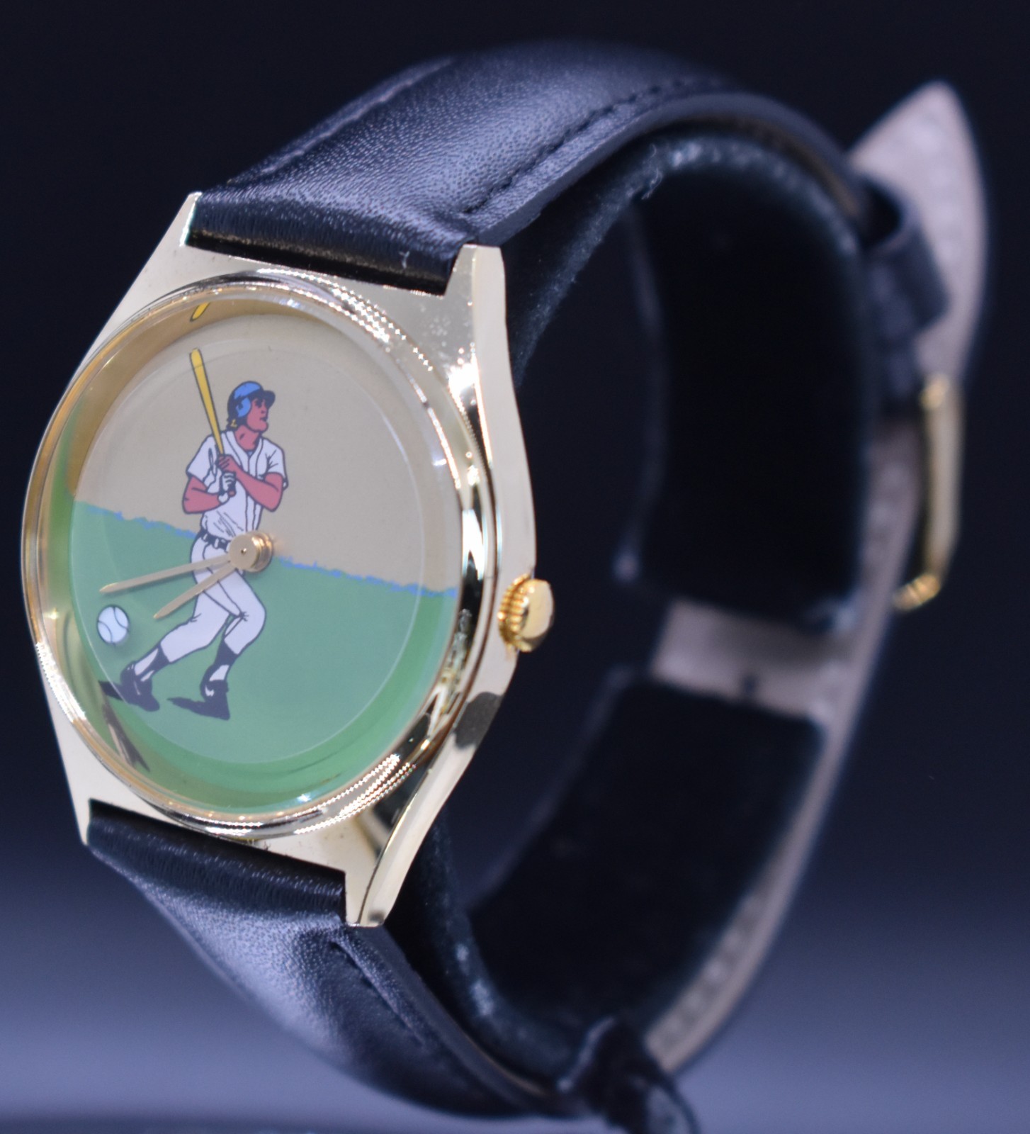 Vintage BASEBALL PLAYER Rotating Ball Watch Men Animated NEW BATTERY & BAND