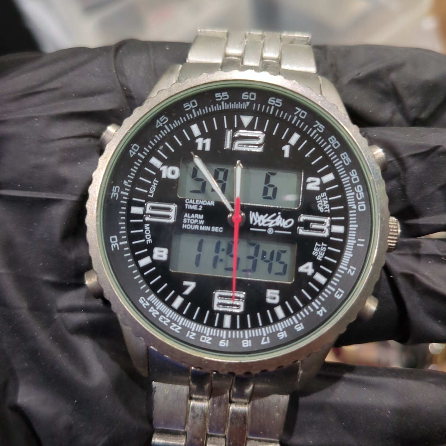 Working MOSSIMO Mens Watch Calendar Digital/Analog 48mm Tachymeter Silver Watch