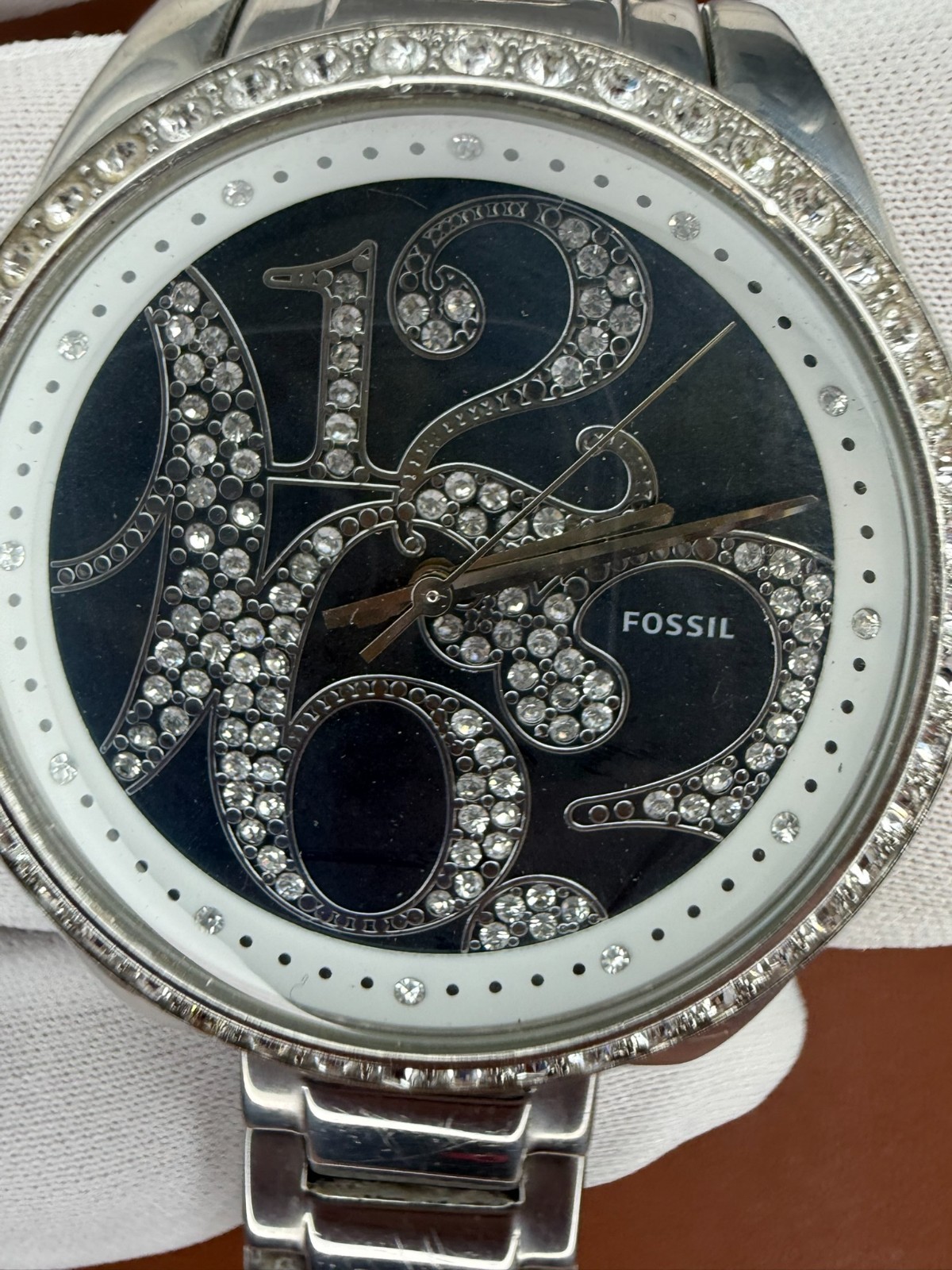 Fossil Crystal Glitz Oversized Women’s Watch Pavé Bezel Blue Dial Stainless