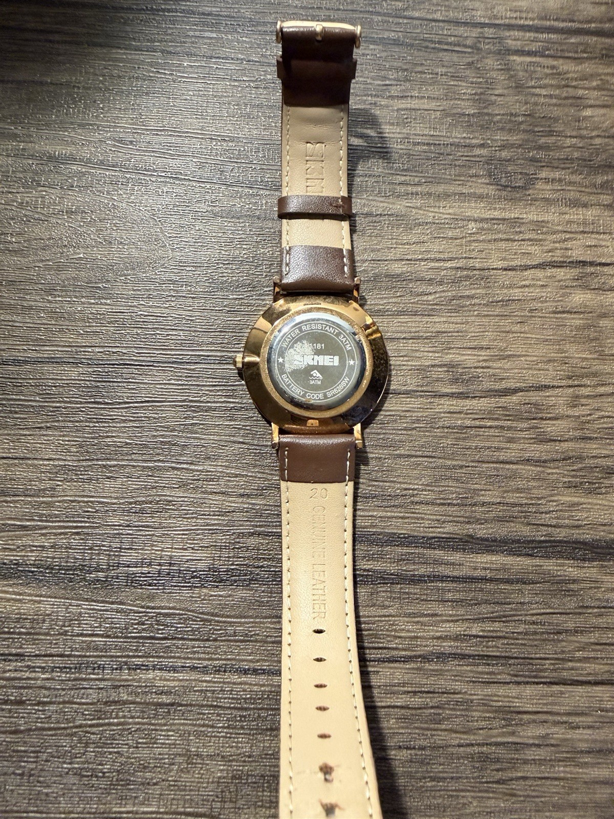 SKMEI 1181 Quartz Analog Watch White Dial Brown Leather Strap Gold Case WR30m