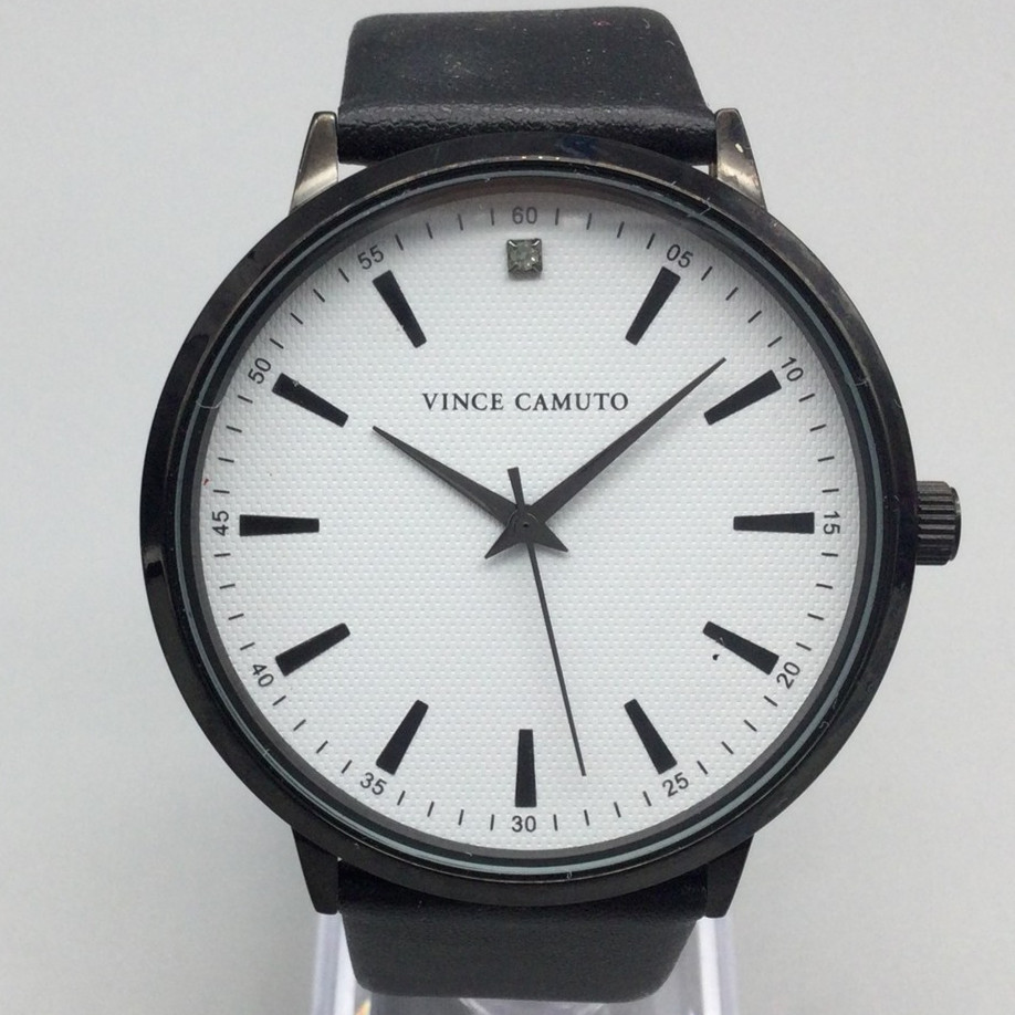 Vince Camuto Watch Mens 45mm Black Case White Dial Leather Band New Battery
