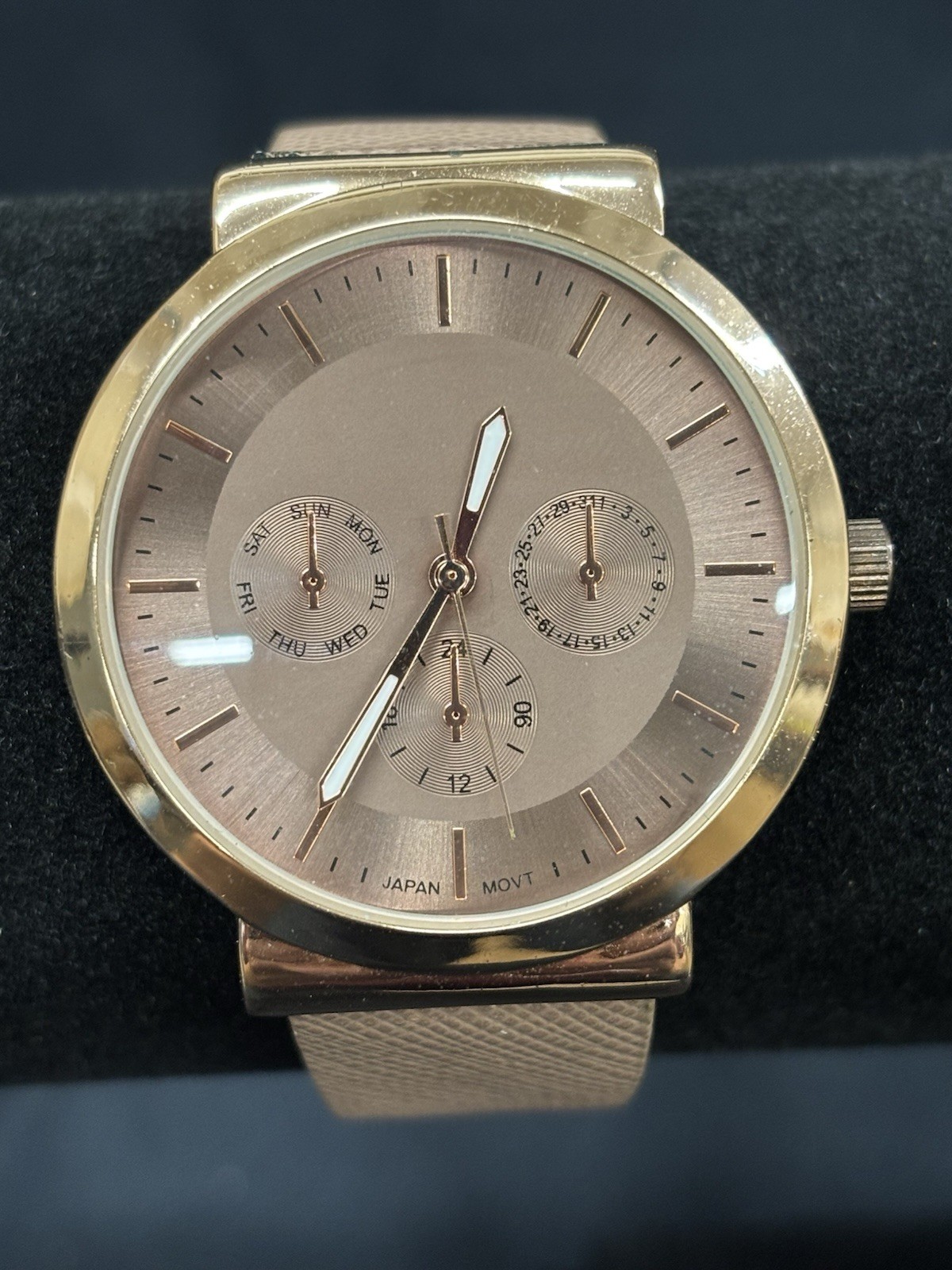 Accutime Xhilaration Quartz Analog Date Watch Pink Dial Gold Case Pink Strap