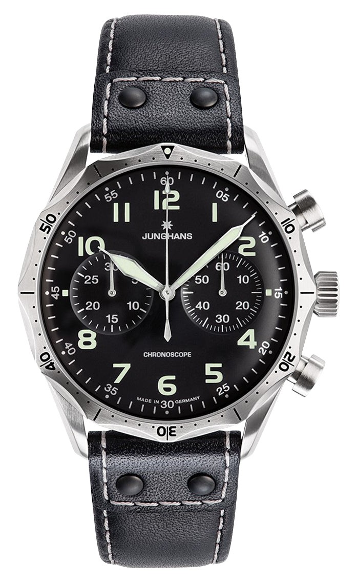 Junghans Pilot Chronoscope Automatic Chrono Steel Leather Mens Watch 27/3590.00