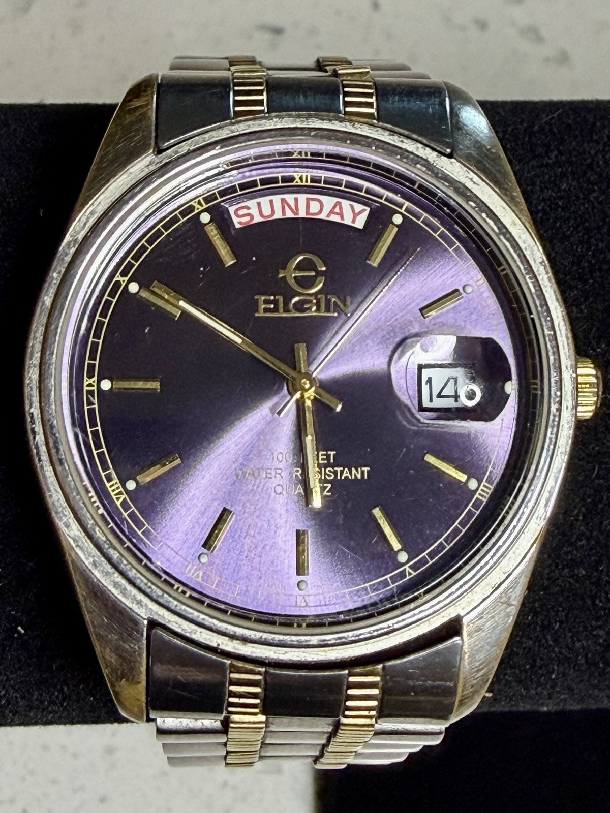 Vtg Elgin Mens Quartz Watch FC451-017 Purple Presidential Date Day Silver & Gold