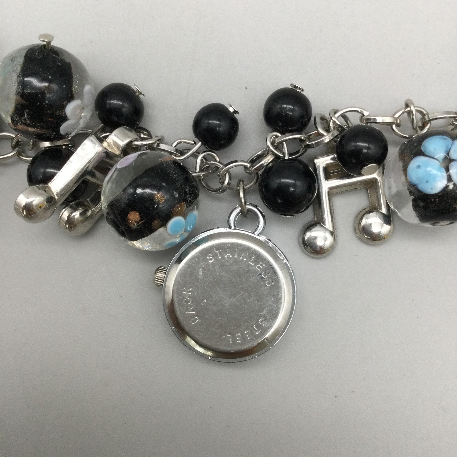 JQ Music Note Charm Bracelet Watch Womens 22mm Black Glass Beads New Battery 8″