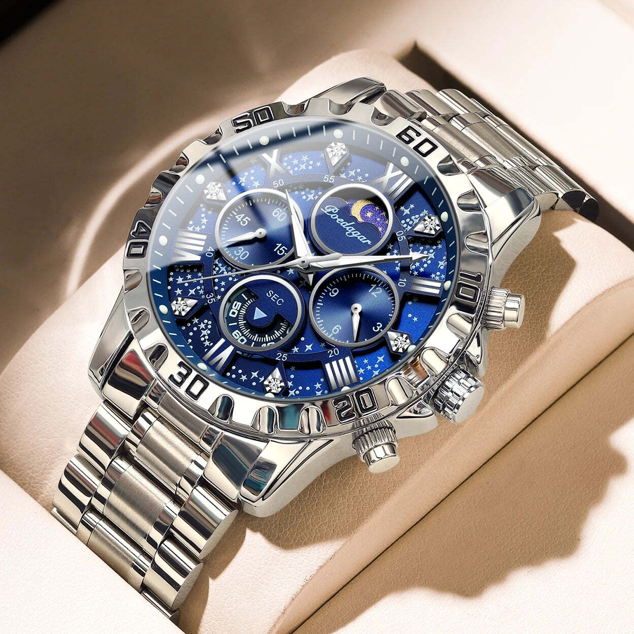 Mens Quartz Sports Watch Waterproof Luminous Stainless Steel Chronograph