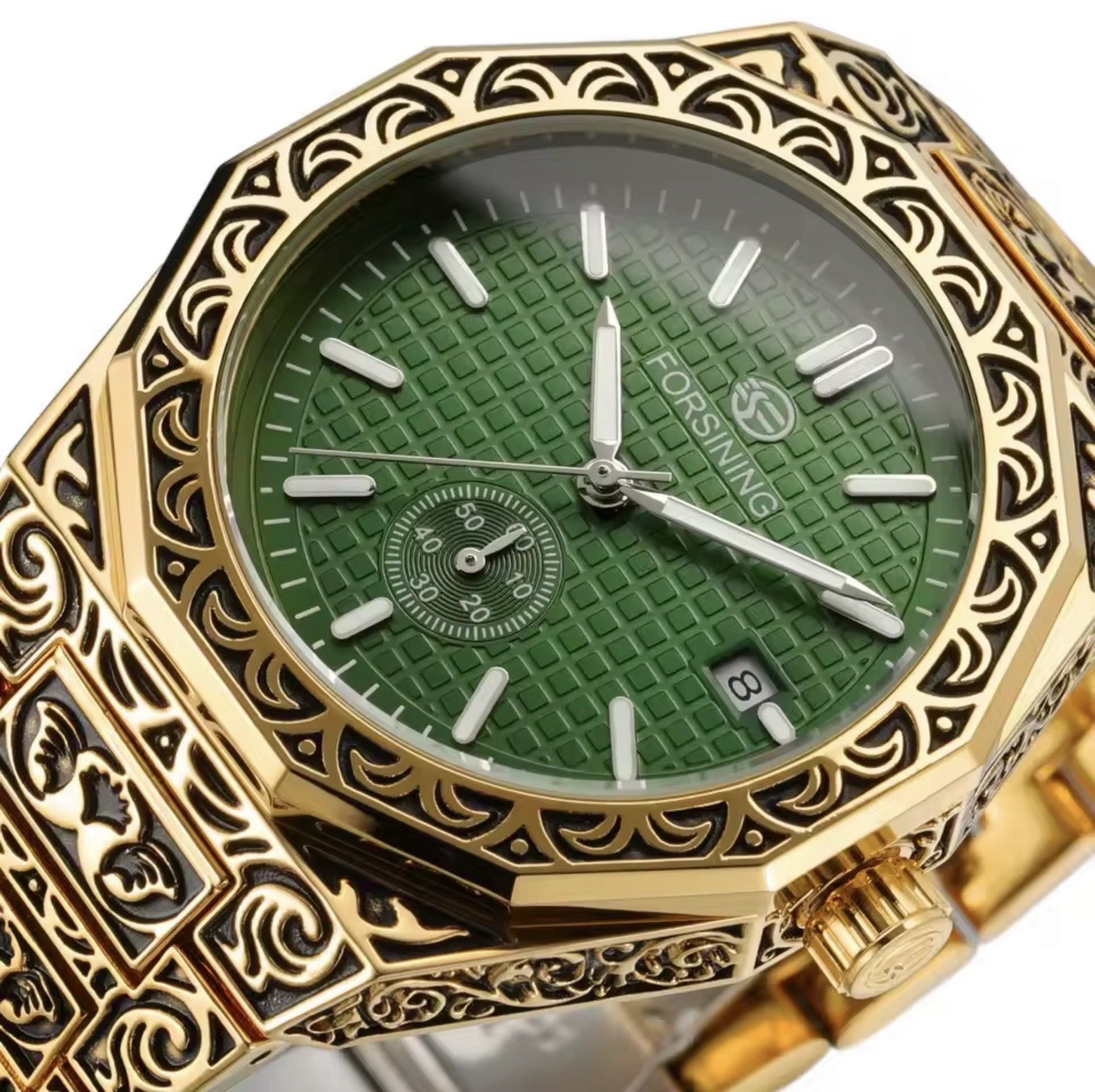 Automatic Luxury Stainless Steel Skeleton Silver Gold Retro Carved Mens Watch