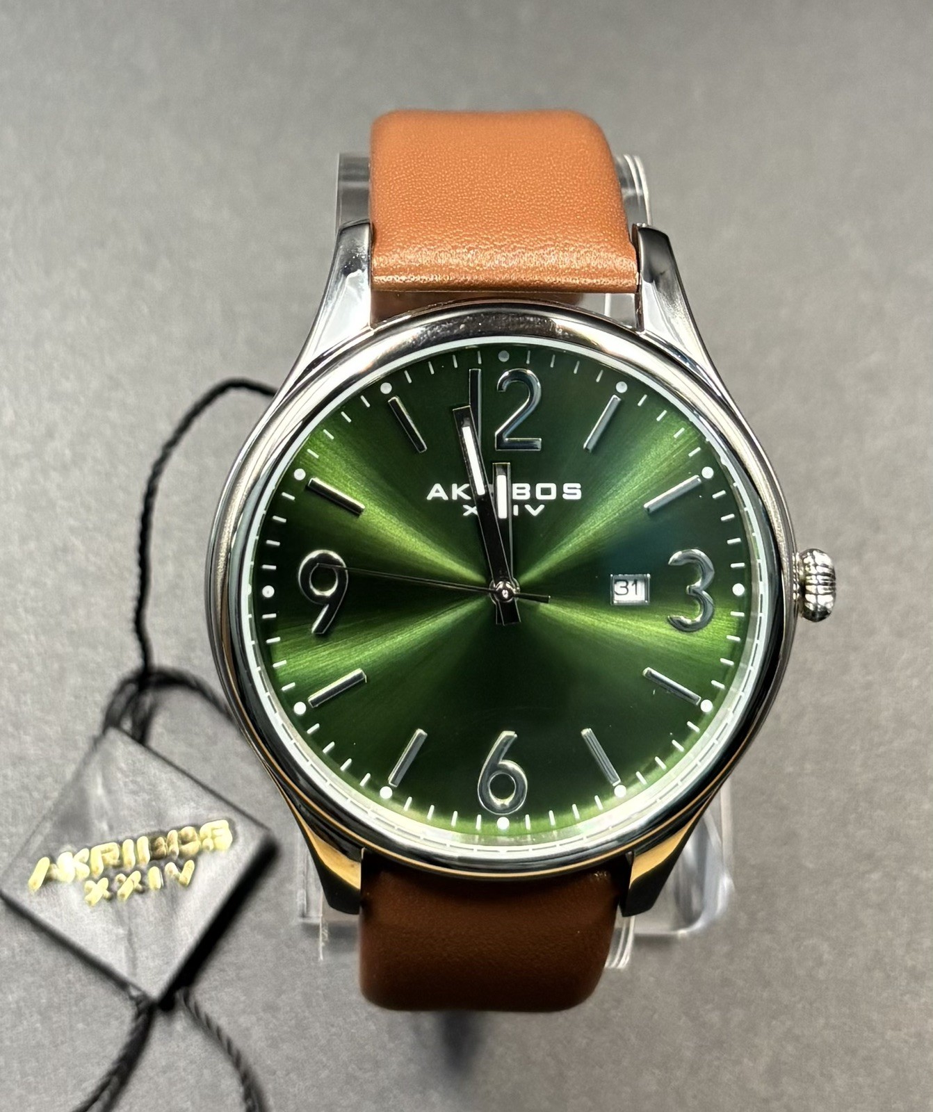 Akribos XXIV AK869GN Time/Date Leather Strap GRN Dial Mens Watch 42mm SHIPS FREE