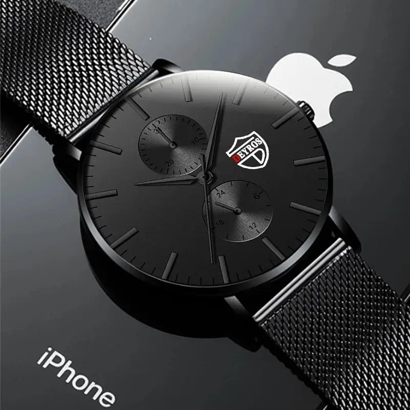 Men’s Luxury Ultra Thin Quartz Watch with Black Stainless Steel Mesh Band