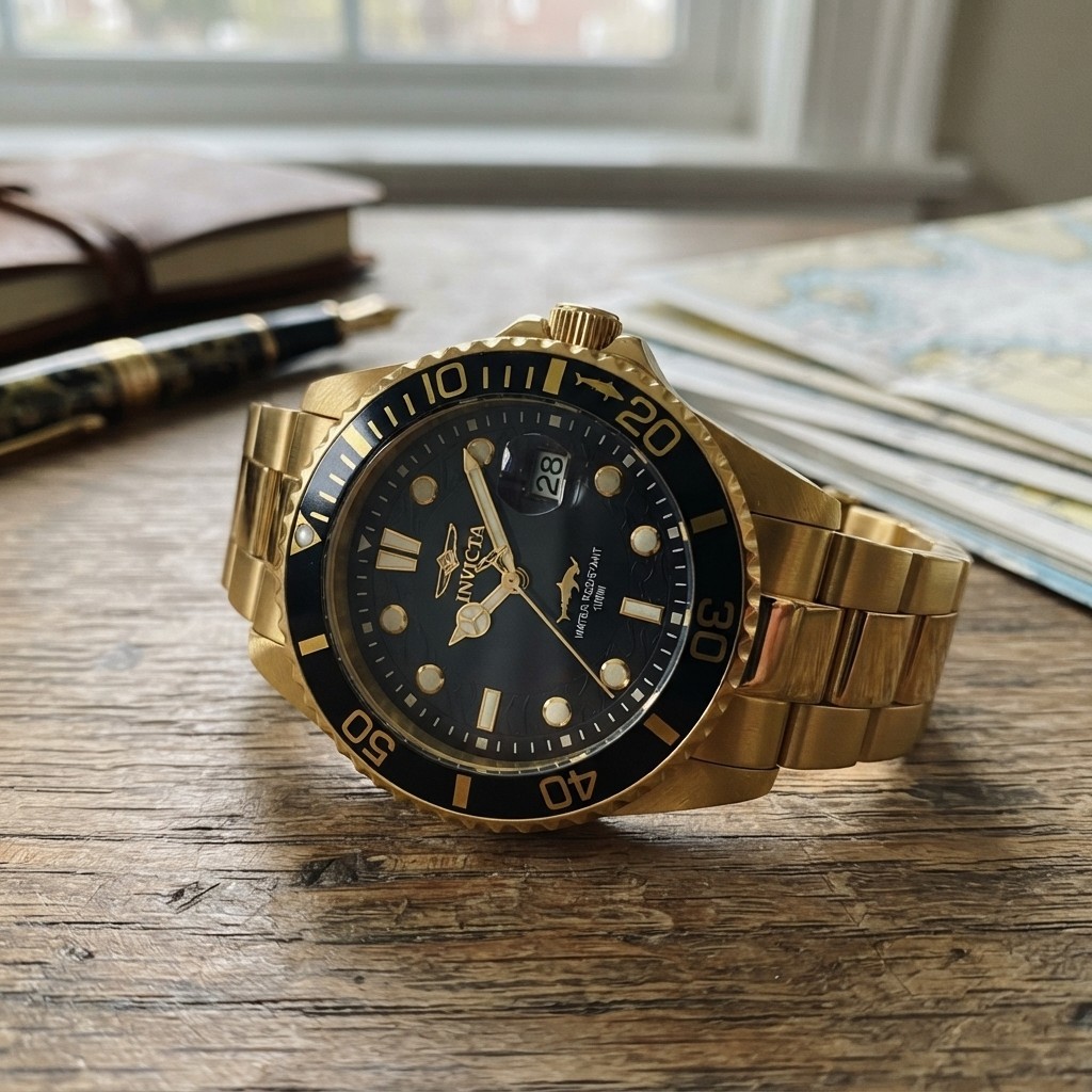 Luxurious Men’s Quartz Pro Diver Watch – Black Dial, Gold Stainless Steel 43mm