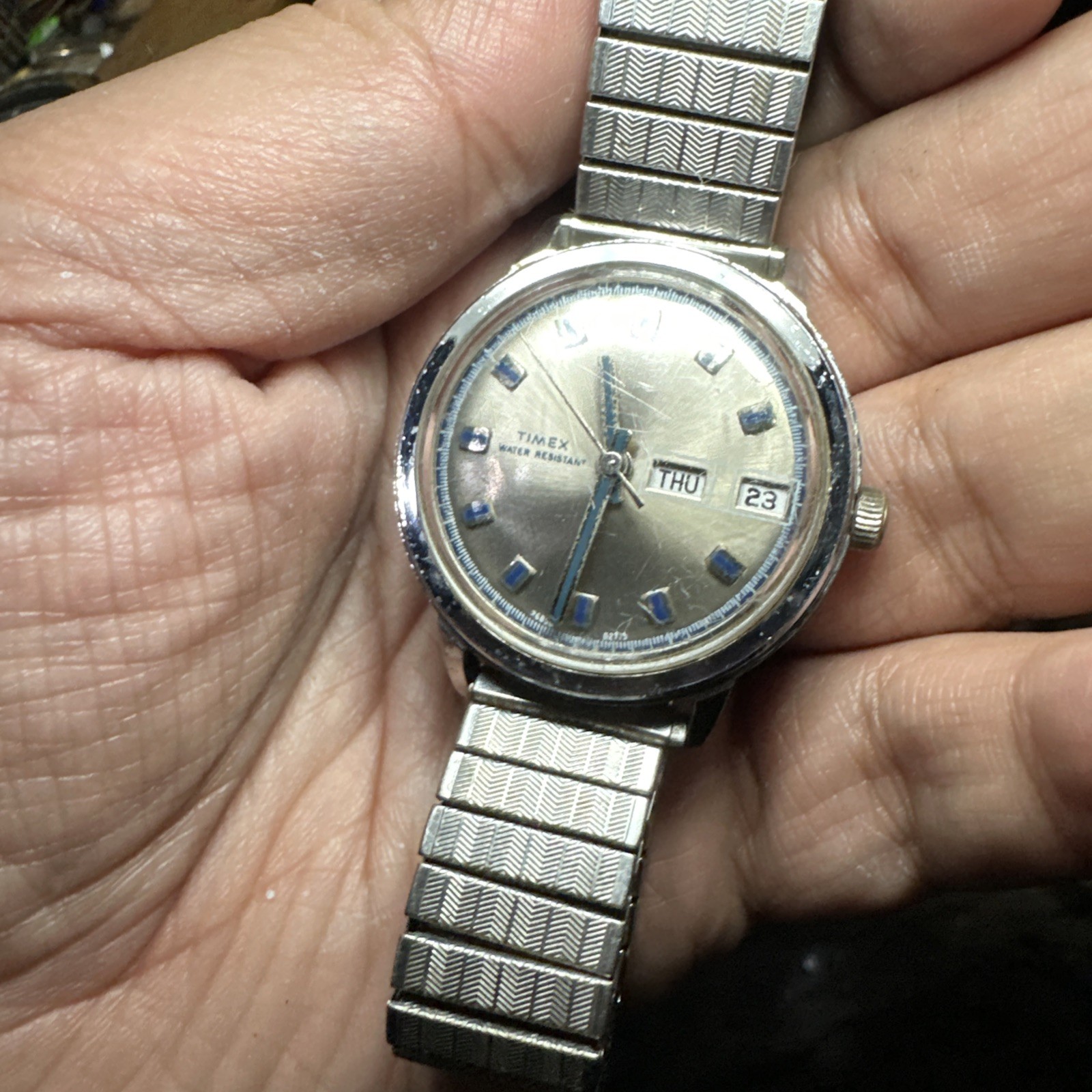 Works VTG 1975 Timex Viscount Day Date Manual Wind Silver Mens Watch 35mm Fit 8”