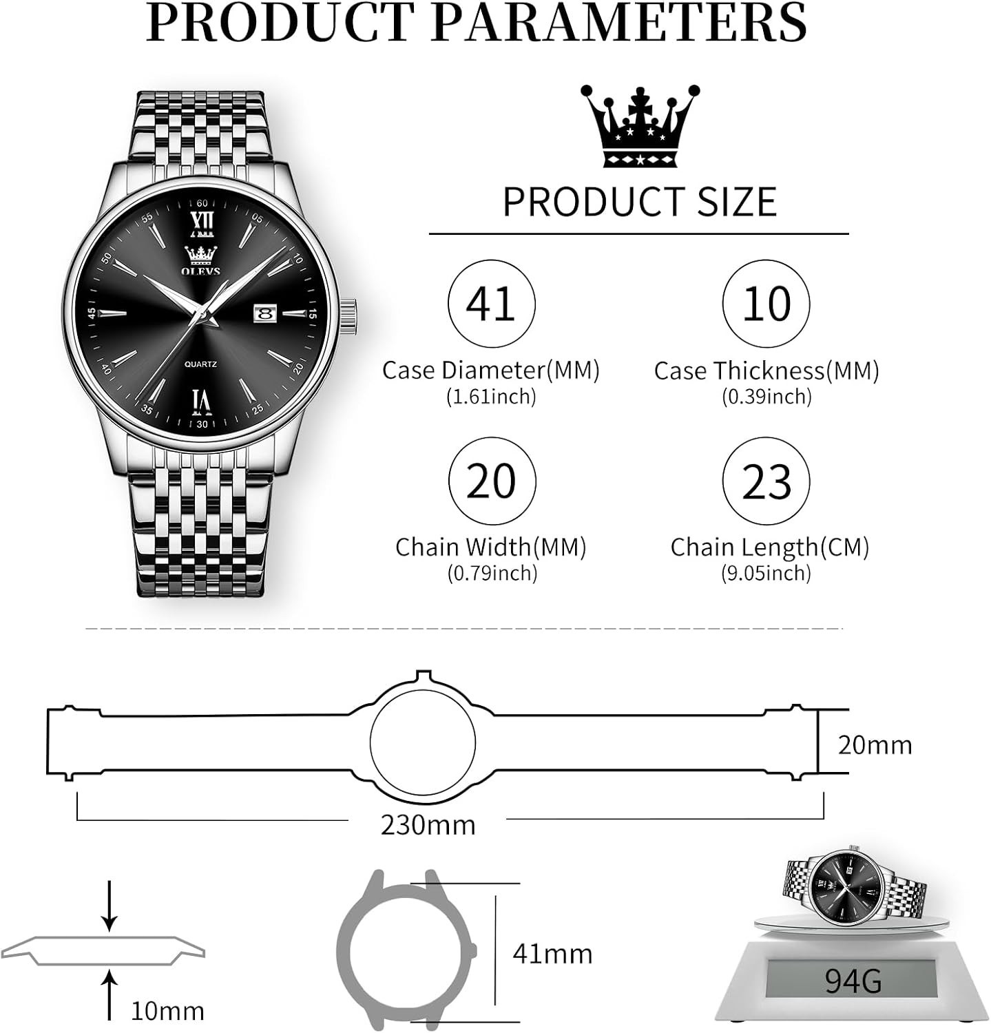 Stylish Stainless Steel Men’s Dress Watch – Waterproof with Luminous Face 41mm