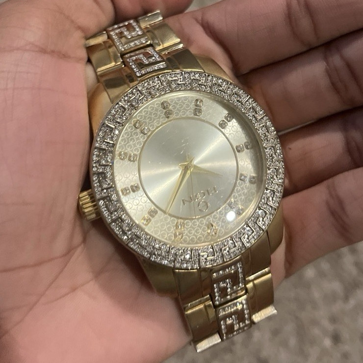Gold Tone Analog Quartz Wristwatch Rhinestone Bezel Dial 40mm Bracelet