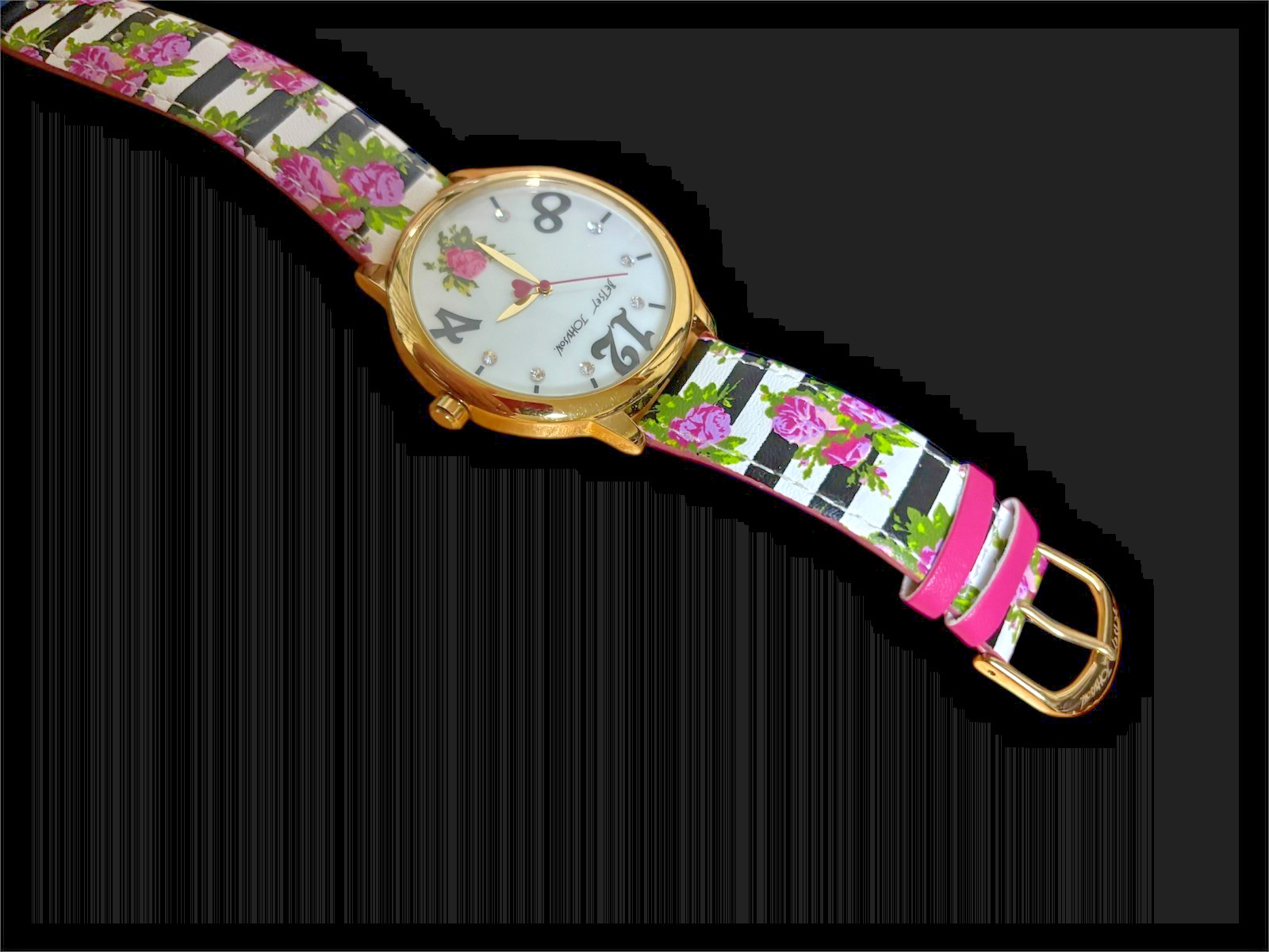 Betsey Johnson Boyfriend Watch Black White Stripes & Pink Roses