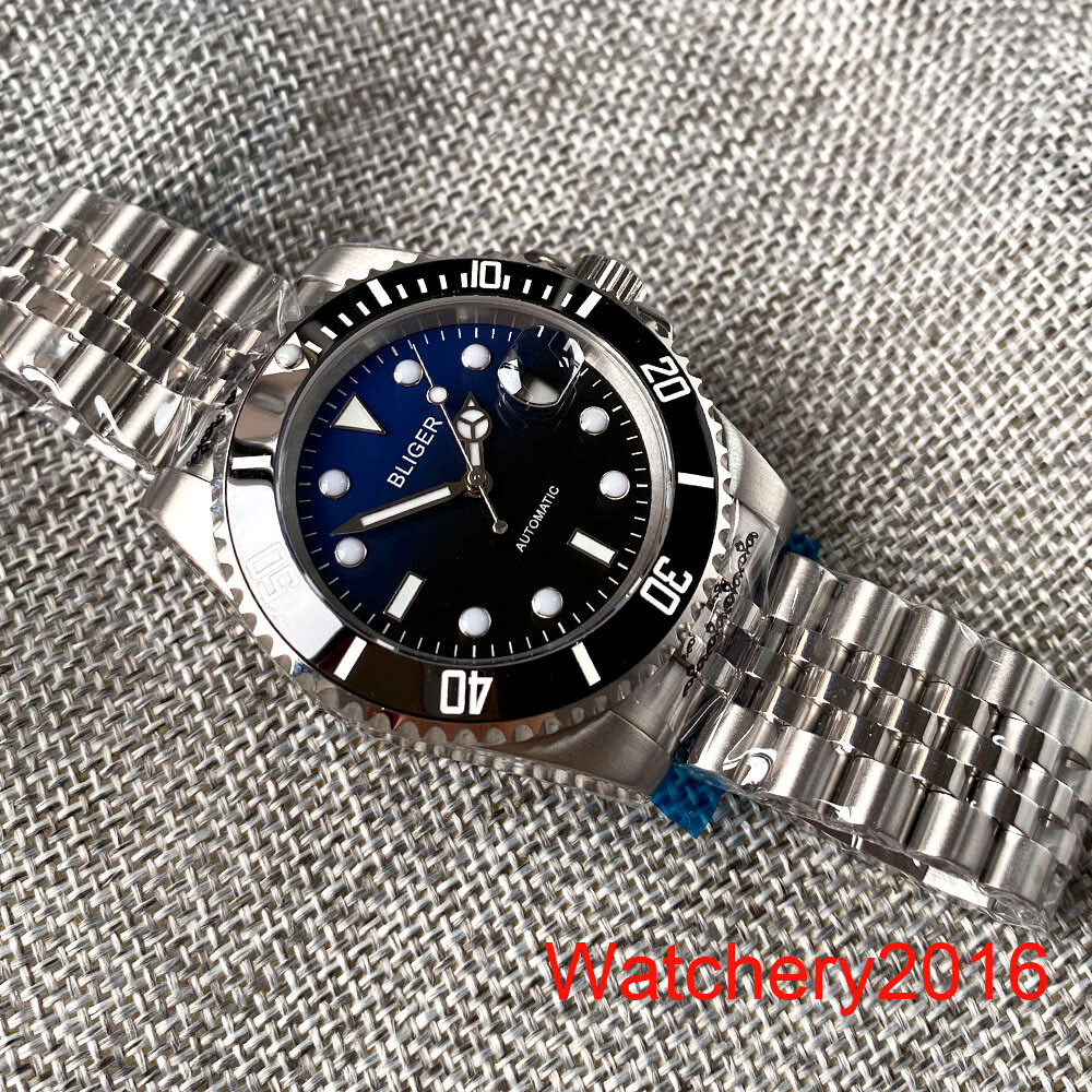 40mm Bliger Blue Dial NH35A Mens Watch Sapphire Glass Luminous Ceramic Bezel