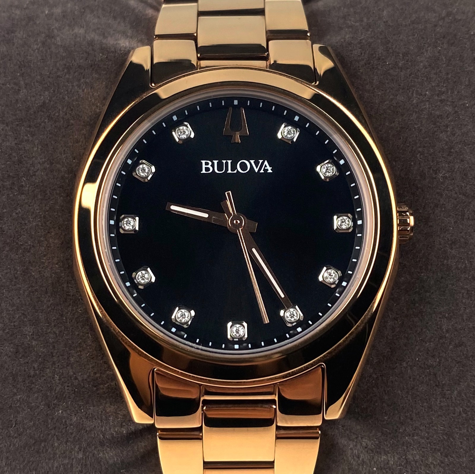 Bulova Surveyor 97P156 Grey Dial Diamonds Rose Gold Strap Women’s Watch