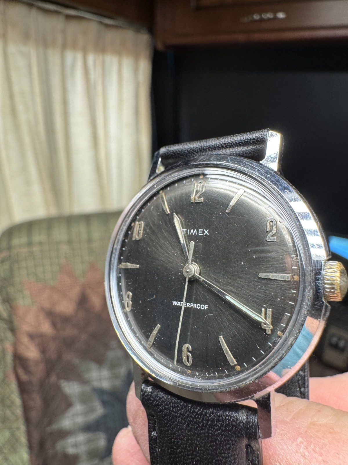 Timex Vintage 1960s Marlin Wind Up 34MM Midnight Sunburst New Crystal Runs Good