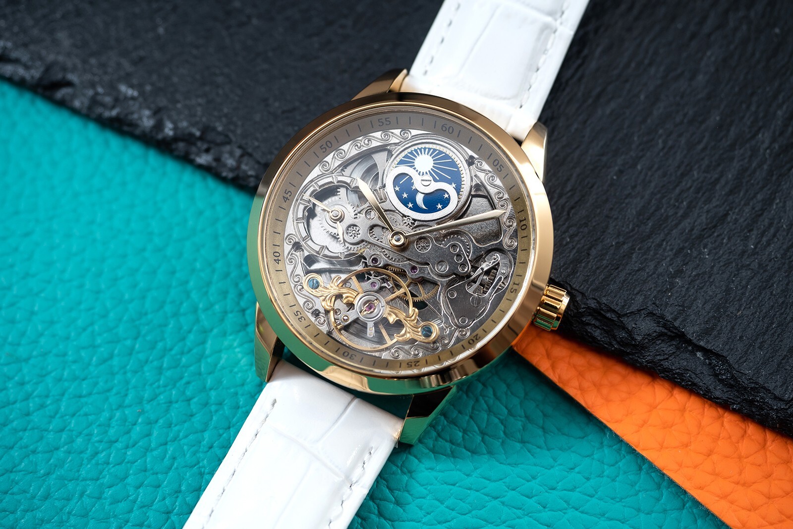 Mens Gold Silver Dual Time Skeleton Automatic Mechanical Watch White Strap