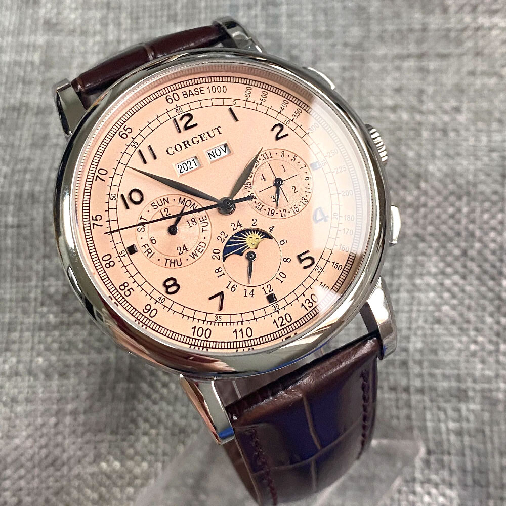 42mm Corgeut Green Blue pink Dial Day Multifunction Sea-gull Automatic Men Watch