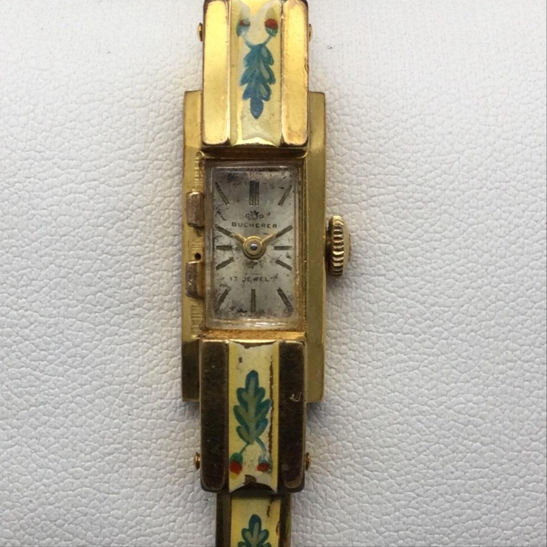 Vintage Bucherer Womens Watch 11mm Gold Plated Enamel Bangle Manual Swiss 6.25″