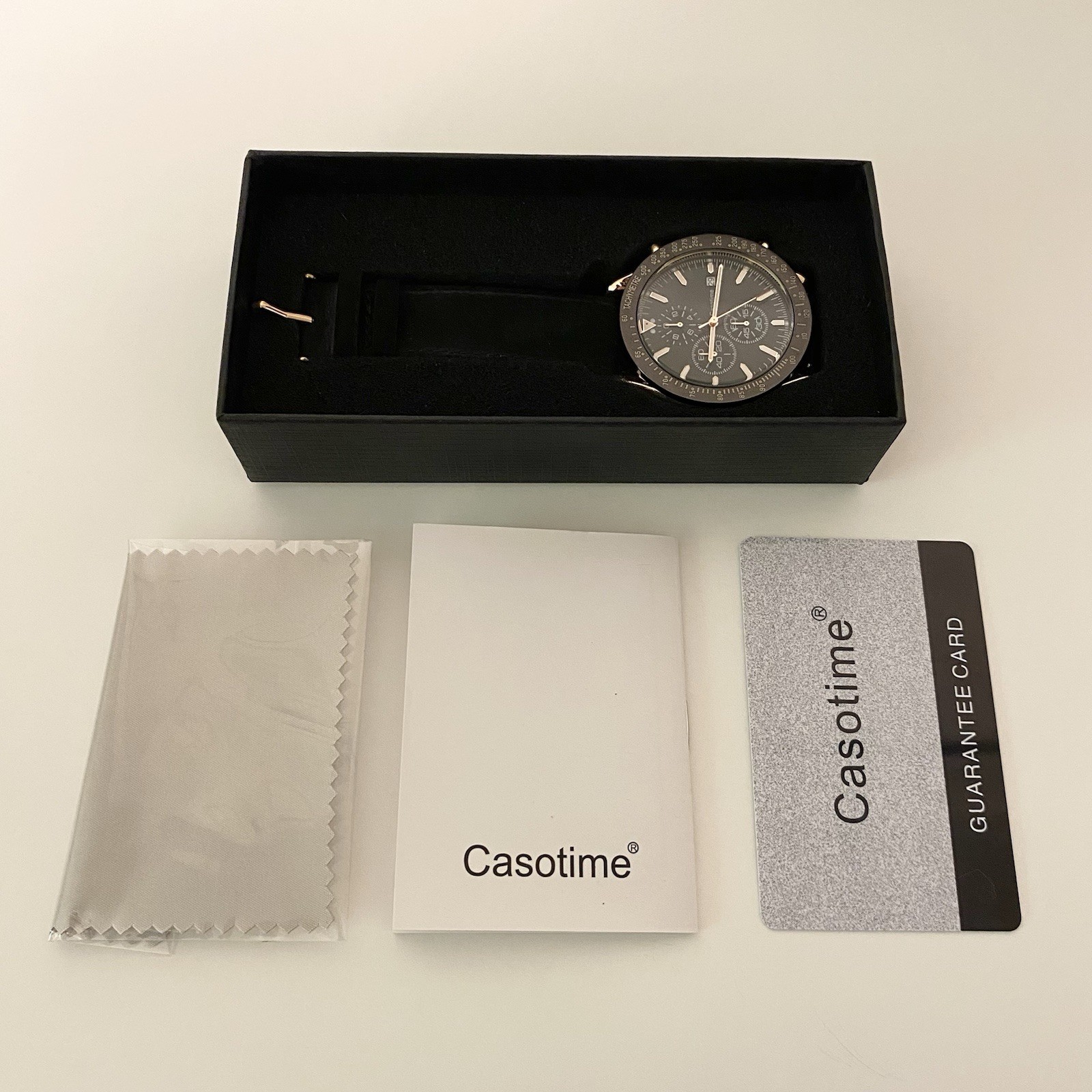 Men’s casotime one size black soft leather banded and rose gold watch