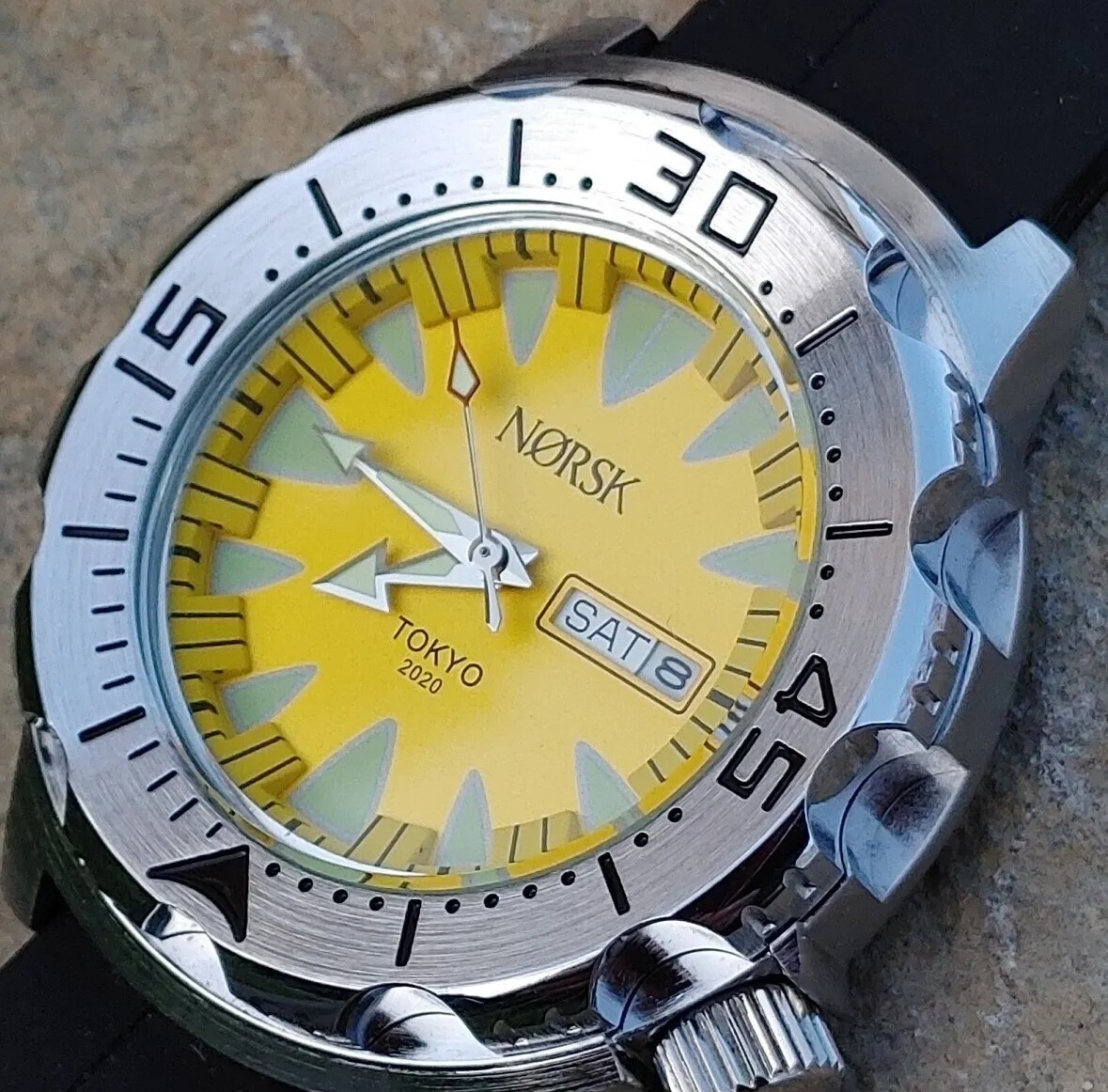 Sea Monster Diver Watch, Norsk, Norway Tokyo Olympics, Citizen quartz – Yellow