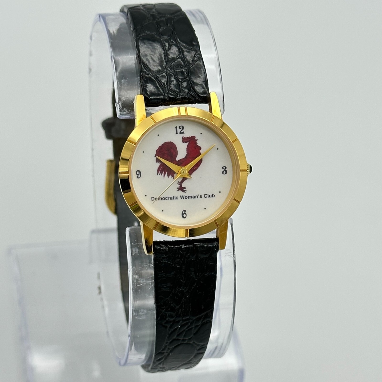 Ladies DEMOCRATIC WOMAN’S CLUB Logo 18k Gold Plated Watch, Quartz, Black Leather