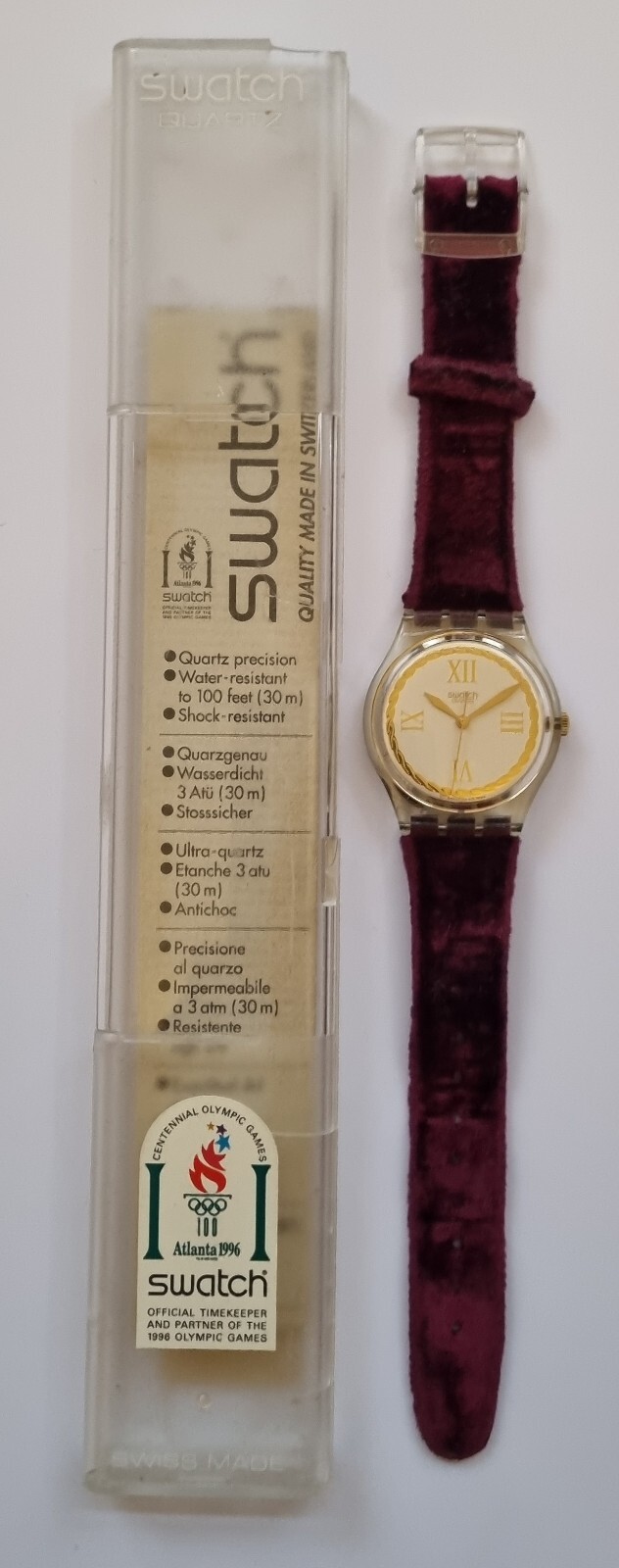 Vintage Swatch Saint Velours 33mm Quartz Purple Velvet Strap Watch GK203 (1995)