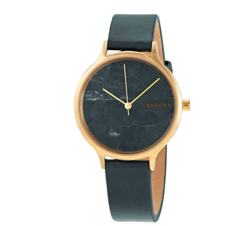 Skagen Quartz Watch Analog Leather Green Leather Strap, Gold Case, SKW2720 New
