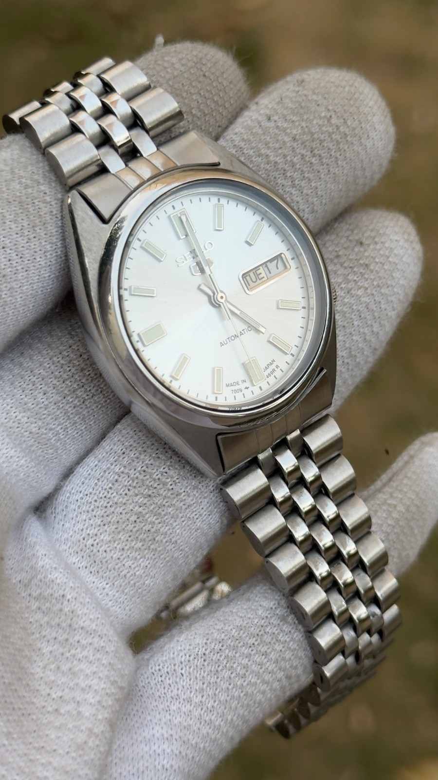 Vintage Seiko 5 Automatic Mens Watch 7009 White Dial 17 Jewels
