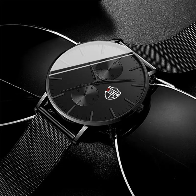 Men’s Luxury Ultra Thin Quartz Watch with Black Stainless Steel Mesh Band