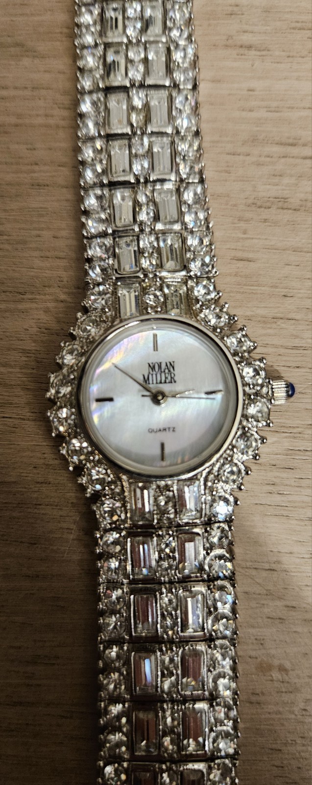 Nolan Miller Glamour Rhinestone Silvertone Ladies Wristwatch, Tested & Works