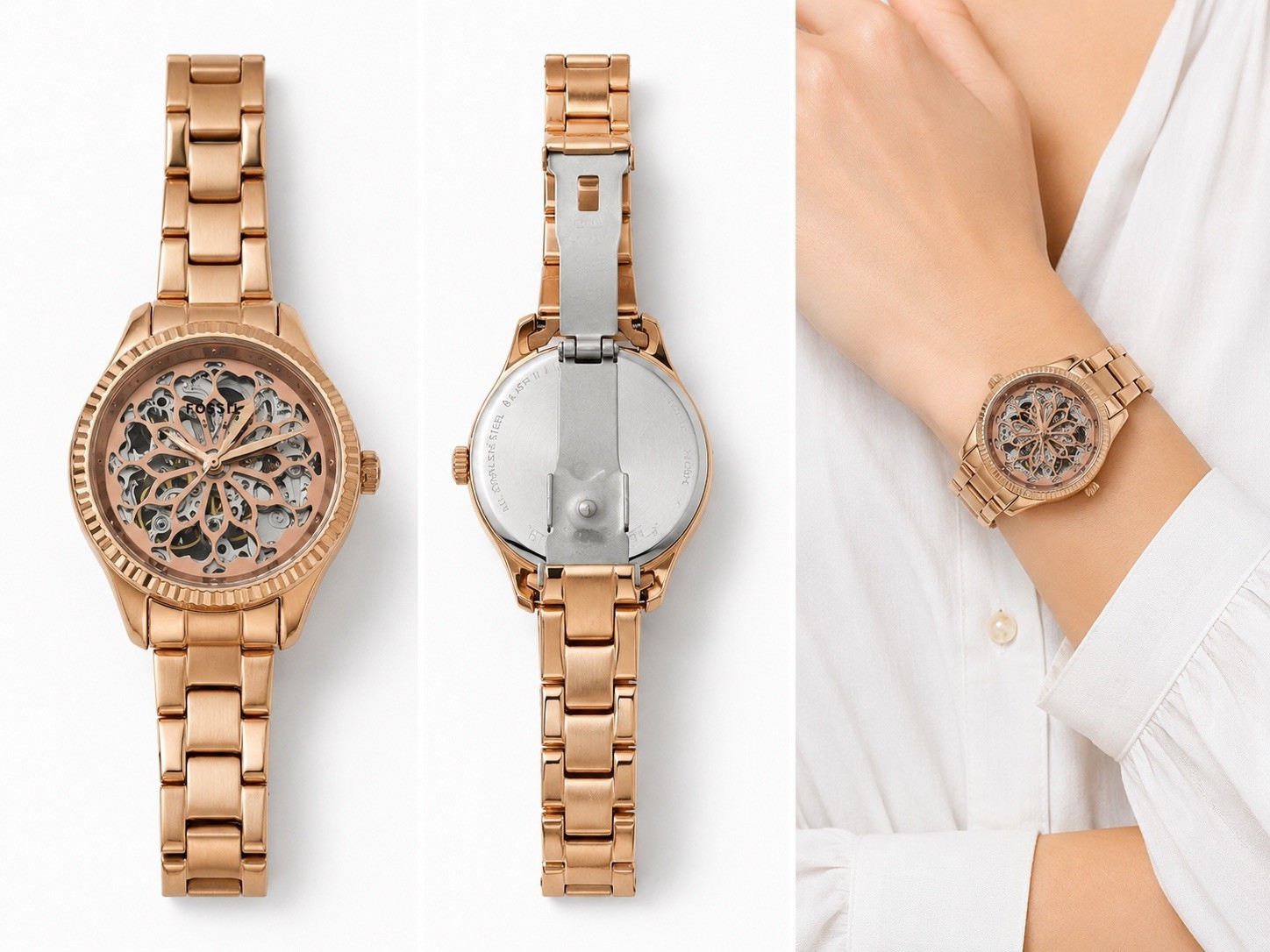 Fossil BQ3651 Women’s Rose Gold Skeleton Automatic Watch Floral Dial Working