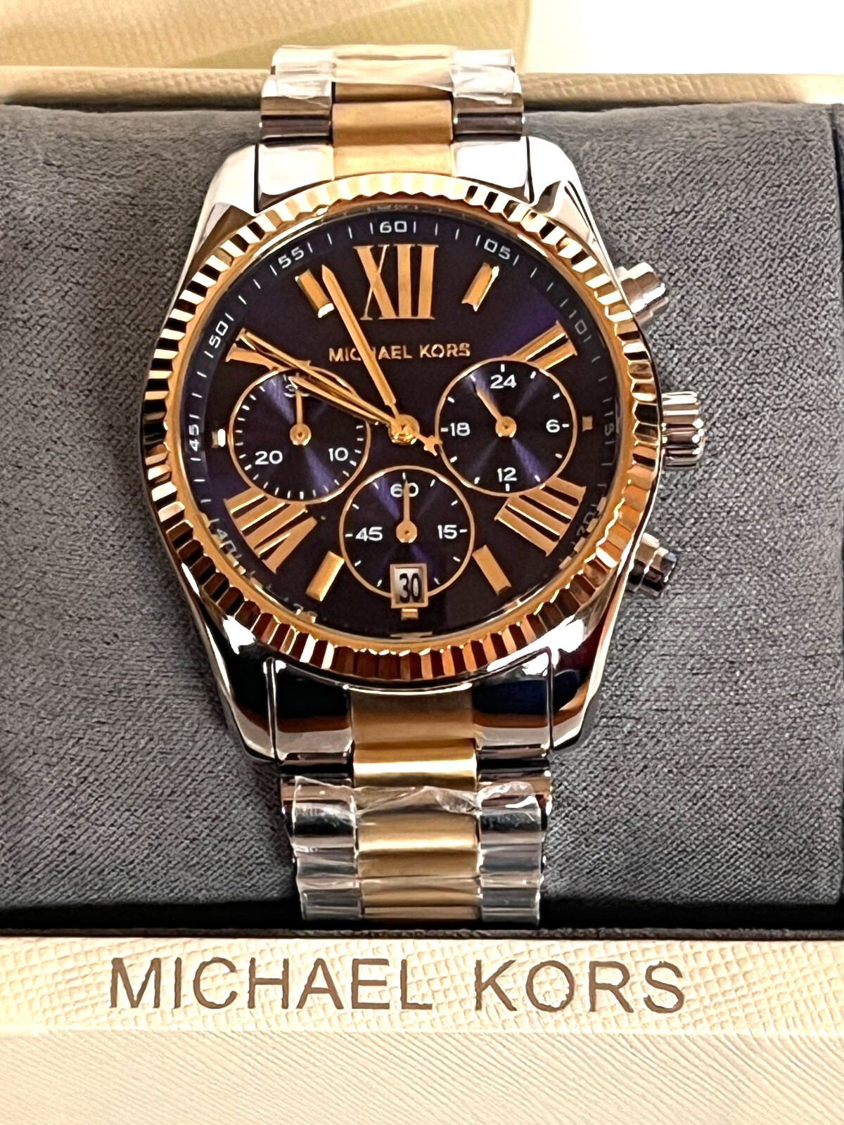 MICHAEL KORS MK7218 Lexington Two-Tone Blue Dial Ladies Watch BNWT/Gift Box $250