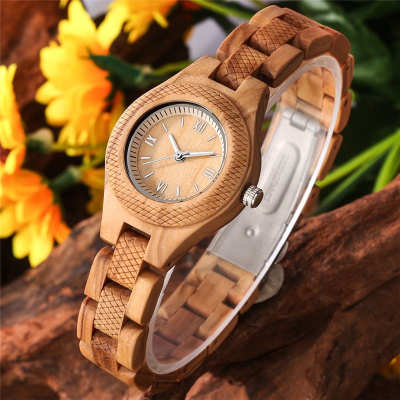 Ladies’ Full Wood Bracelet Wristwatch Vintage Quartz with Secure Folding Clasp